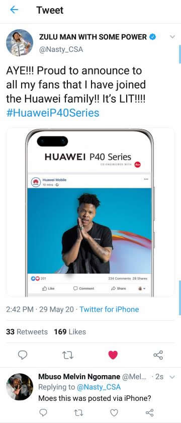 Nasty C joins Huawei as an ambassador but he forgets and tweets using iPhone