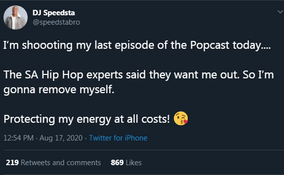 DJ Speedsta is quitting Hip Hop show Popcast